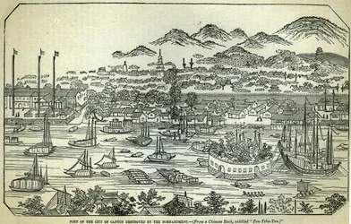 Haven van de stad Canton, vernietigd door het bombardement, Chinese illustratie gedrukt in 